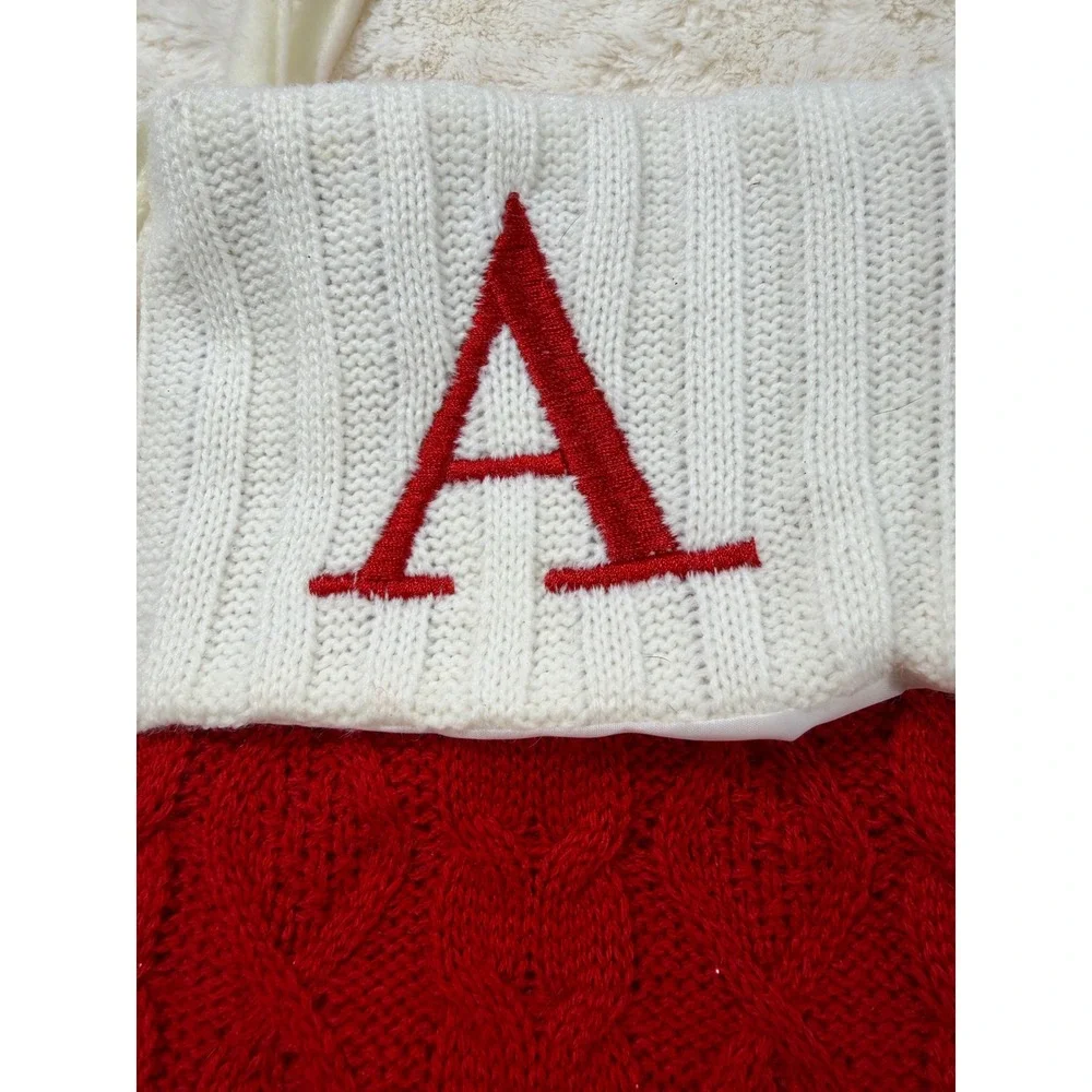 Red Faux Fur Santa Hat & Monogram Letter A Cable Knit Stocking